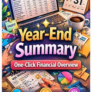 May include: An illustration with the text "Year-End Summary" and "One-Click Financial Overview." A laptop displays financial data, a calendar shows December 31, and a coffee cup sits nearby. Icons for total income, deductions, and net profit are also present.