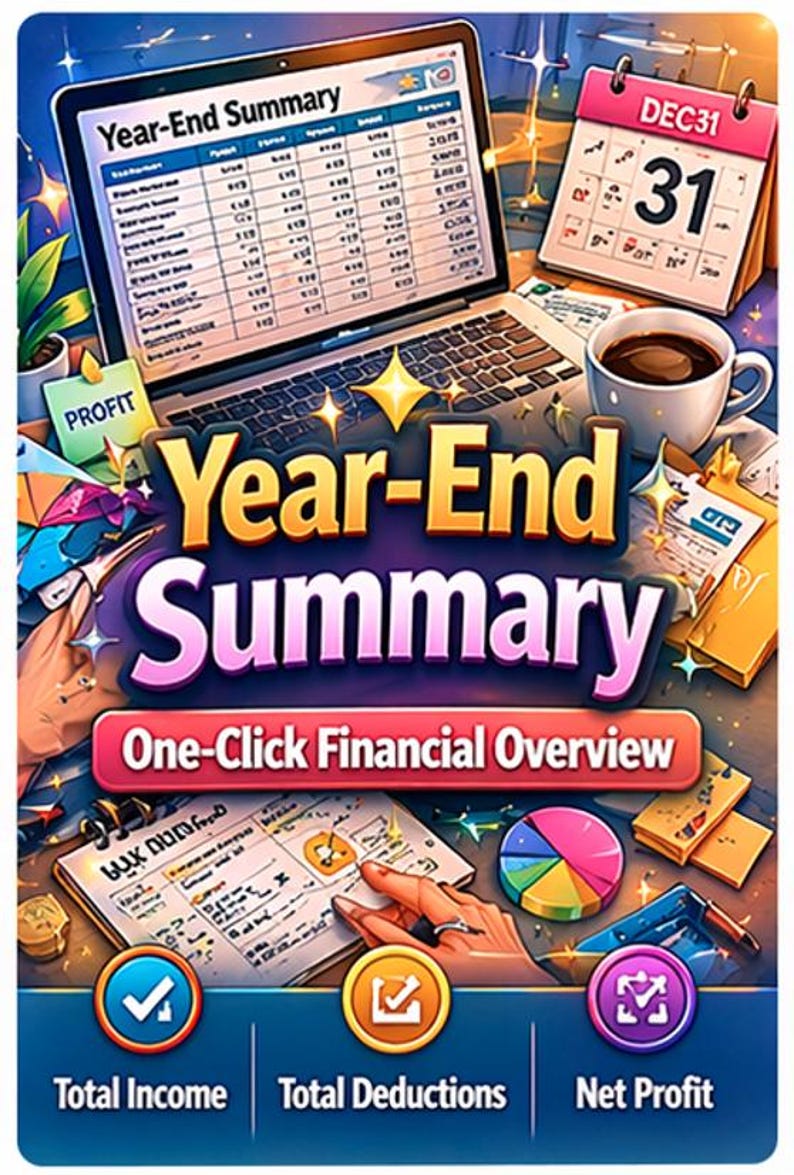 May include: An illustration with the text "Year-End Summary" and "One-Click Financial Overview." A laptop displays financial data, a calendar shows December 31, and a coffee cup sits nearby. Icons for total income, deductions, and net profit are also present.