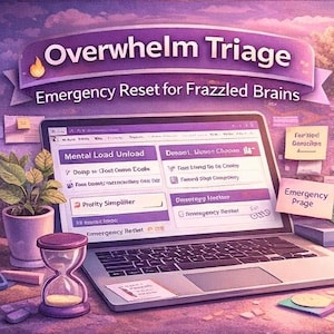 May include: A digital graphic titled Overwhelm Triage: Emergency Reset for Frazzled Brains featuring a laptop displaying a task interface with sections like Mental Load Unload, a potted plant, an hourglass, and sticky notes labeled Emergency Prage.