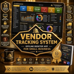 Op de afbeelding: Een laptop toont een leveranciersdashboard met grafieken en gegevens, waarmee een leveranciersvolgsysteem wordt gepromoot. De afbeelding bevat een mok, een gebruikershandleiding en pictogrammen voor functies zoals bestellingen en rapporten.