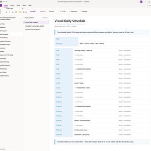 May include: A digital planner page titled Visual Daily Schedule for neurodivergent executive function. The layout features a time-blocked table from 6:00 am to 9:00 pm with columns for tasks, notes, and transition buffers, plus a header for date and day type.