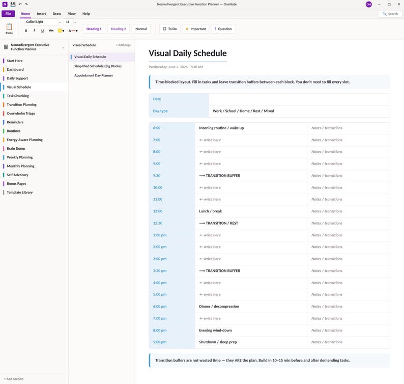 May include: A digital planner page titled Visual Daily Schedule for neurodivergent executive function. The layout features a time-blocked table from 6:00 am to 9:00 pm with columns for tasks, notes, and transition buffers, plus a header for date and day type.