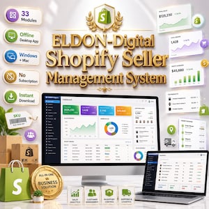 Könnte beinhalten: Werbung für Eldon Digital Shopify Seller Management System. Das Bild zeigt einen Desktop-Computer und einen Laptop mit Verkaufs-Dashboards. Es gibt auch Symbole, eine Einkaufstasche und Kartons, die alle die Funktionen des Systems bewerben.