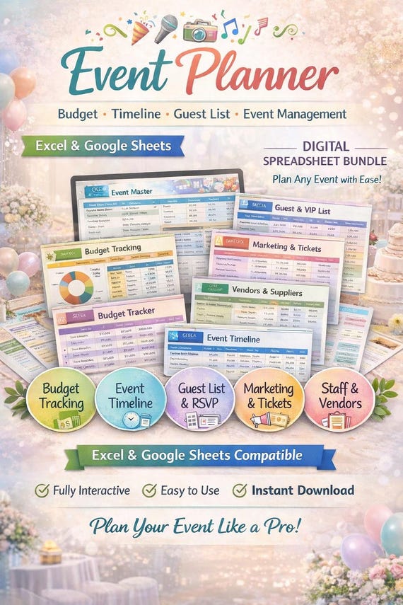 Event Planner Spreadsheet Bundle, Budget Tracker, Timeline (Digital Download)