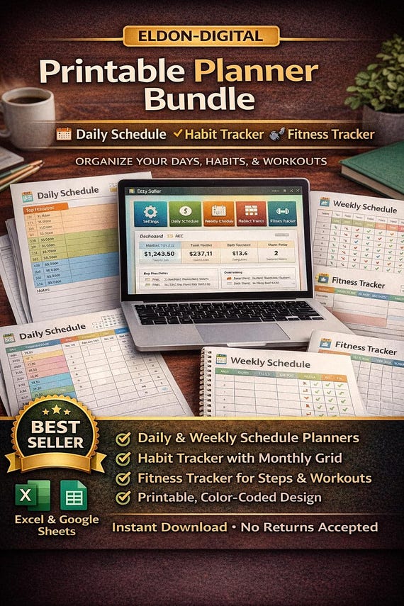 Printable Planner Bundle: Daily, Weekly, Habit, Fitness Trackers (Excel/Google Sheets)