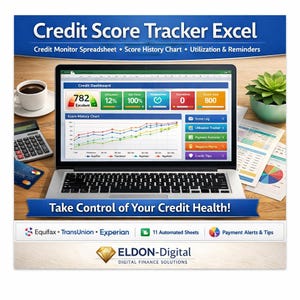 May include: A laptop displays a credit score dashboard with charts and data. The screen shows a credit score of 782, utilization at 12%, and other financial metrics. The text "Credit Score Tracker Excel" is at the top. A cup of coffee and a calculator are on the desk.