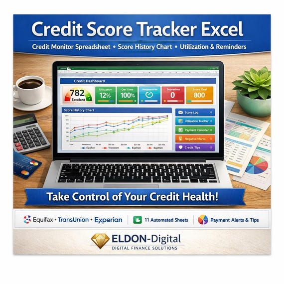 Credit Score Tracker Excel | Monitor, History, Utilization, Payment Reminders
