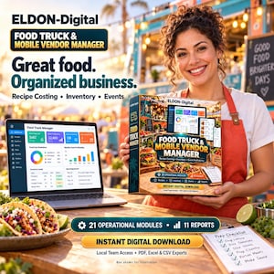 Könnte beinhalten: Ein digitales Softwareprodukt namens ELDON-Digital Food Truck & Mobile Vendor Manager, bestehend aus einer Box mit Dashboard-Grafik, einem Laptop mit Verwaltungssoftware und einer Vorbereitungs-Checkliste auf einem Holztisch mit Tacos.