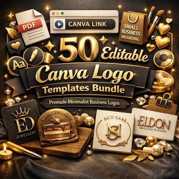 50 Editable Canva Logo Templates Bundle | Minimalist Business Branding Kit (Digital Download)