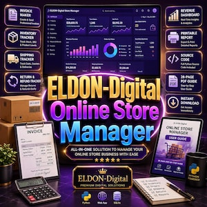 May include: An advertisement for Eldon-Digital Online Store Manager. The image features a tablet displaying sales data, an invoice, a calculator, and a user guide. The product promises an all-in-one solution for managing an online store business with ease.
