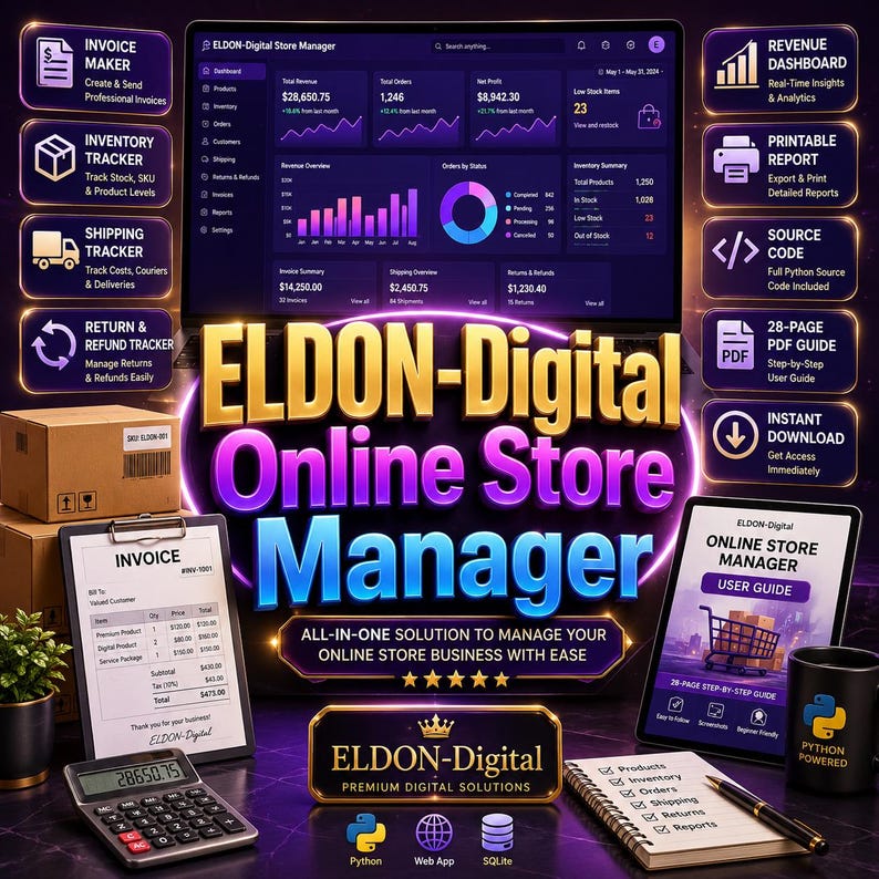 Pu&ograve; includere: Una pubblicit&agrave; per Eldon-Digital Online Store Manager. L'immagine presenta un tablet che mostra i dati di vendita, una fattura, una calcolatrice e una guida per l'utente. Il prodotto promette una soluzione all-in-one per gestire facilmente un'attivit&agrave; di negozio online.