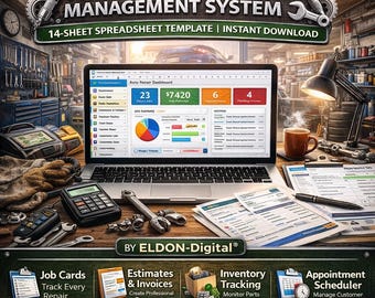 Auto Repair Shop Management System Excel | Job Cards, Invoices, Inventory, Appointments | 14-Sheet Spreadsheet Template