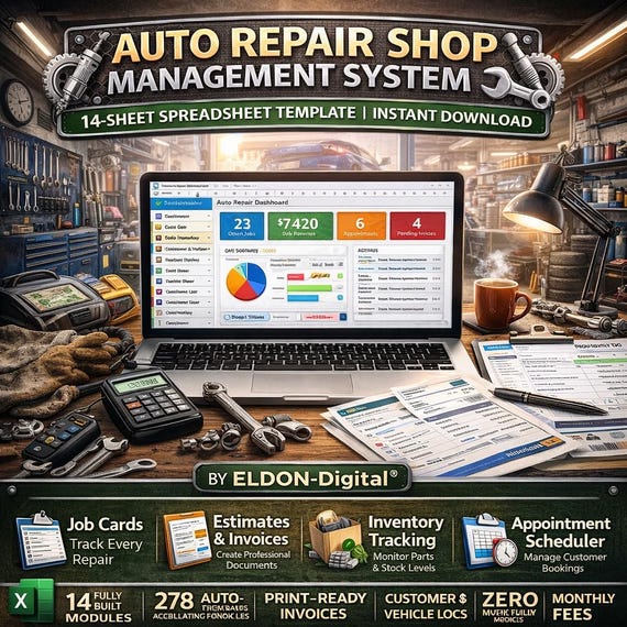 Auto Repair Shop Management System Excel | Job Cards, Invoices, Inventory, Appointments | 14-Sheet Spreadsheet Template