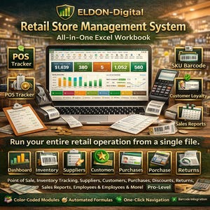 May include: An image showcasing a retail store management system. A laptop displays financial data, surrounded by a calculator, receipt printer, and barcode scanner. Text includes "Retail Store Management System" and "All-in-One Excel Workbook."