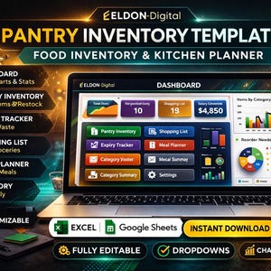 May include: A laptop displaying a pantry inventory template with a dashboard, charts, and stats. The template includes features for tracking items, expiry dates, shopping lists, and meal planning. The design is fully editable and customizable, with instant download options.