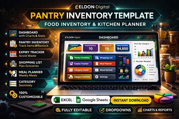 Pantry Inventory Template, Food Tracker, Kitchen Planner (Excel, Google Sheets)
