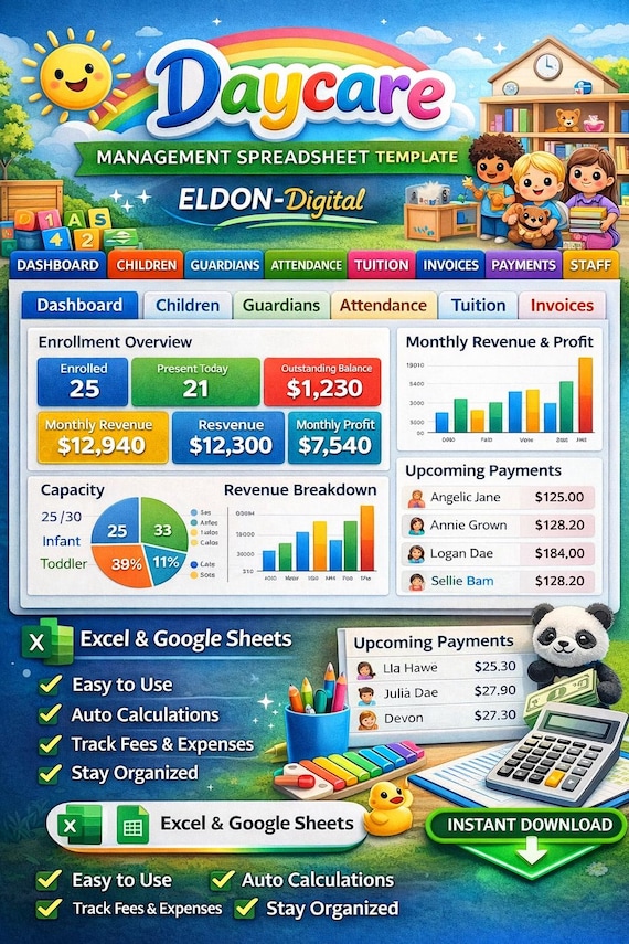 Daycare Management Spreadsheet Template (Excel, Google Sheets)