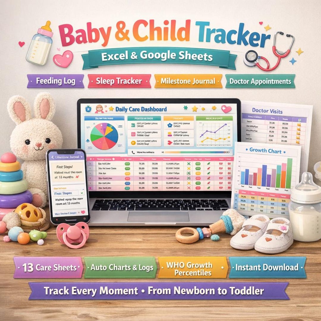 Baby & Child Care Tracker | Excel, Google Sheets, Feeding, Sleep ...