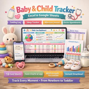 May include: An image promoting a baby and child tracker, with a laptop showing charts and graphs, a smartphone, and baby accessories. Text includes "Baby & Child Tracker," "Excel & Google Sheets," and tracking categories. A plush bunny and baby shoes are also visible.