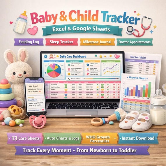 Baby & Child Care Tracker | Excel, Google Sheets, Feeding, Sleep, Milestones (Digital Download)
