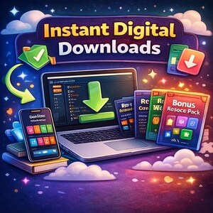 May include: An illustration advertising instant digital downloads. A laptop, smartphone, and digital product cards are shown. The image includes the text "Instant Digital Downloads" and a green checkmark and arrow, indicating a straightforward download.