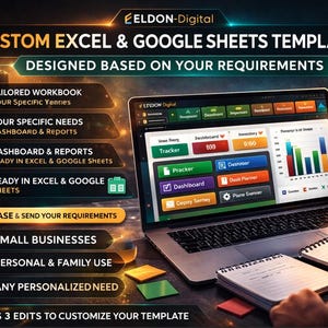 Może przedstawiać: Laptop z niestandardowym szablonem Excel i Arkuszy Google. Ekran pokazuje pulpit nawigacyjny z wykresami i danymi. Obraz zawiera tekst "CUSTOM EXCEL & GOOGLE SHEETS TEMPLATE" i "DESIGNED BASED ON YOUR REQUIREMENTS".