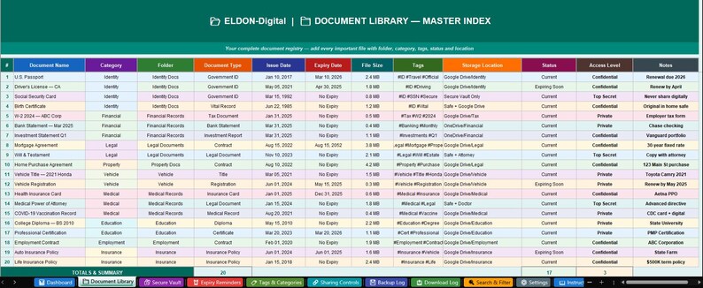 Folder Level Spreadsheet Personal Document Organizer Spreadsheet | Expiry Reminders, Secure ...