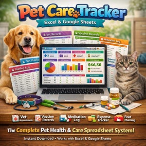 Pet Care Tracker Excel Google Sheets | Pet Health Log | Vet Appointment | Vaccine Record | Pet Medication Log | Dog & Cat Care Planner