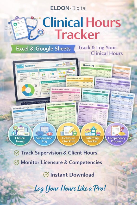 Clinical Hours Tracker Spreadsheet, Residency Internship Log (Excel Google Sheets)