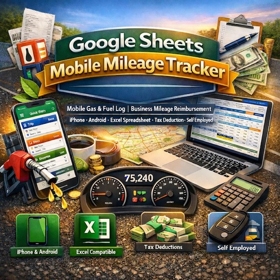 Mobile Google Sheets Mileage Tracker | Gas Fuel Log, Tax Deduction (Digital Download)