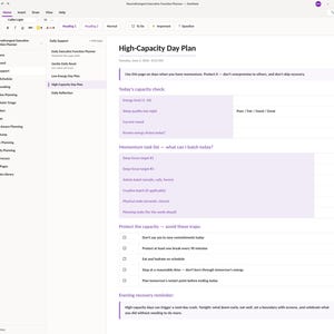 May include: A digital planner interface titled Neurodivergent Executive Function Planner, featuring a High-Capacity Day Plan page. The layout includes sections for a capacity check, a momentum task list, capacity protection traps, and an evening recovery reminder.