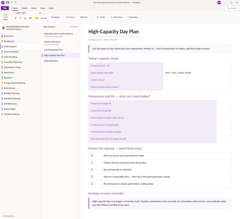 May include: A digital planner interface titled Neurodivergent Executive Function Planner, featuring a High-Capacity Day Plan page. The layout includes sections for a capacity check, a momentum task list, capacity protection traps, and an evening recovery reminder.