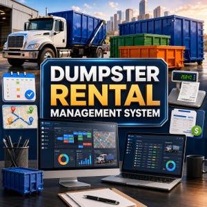 May include: A dumpster rental management system display featuring a white truck with a blue container, a calendar icon, a map with pins, a digital scale with a receipt, a computer monitor, and a laptop showing logistics software dashboards.