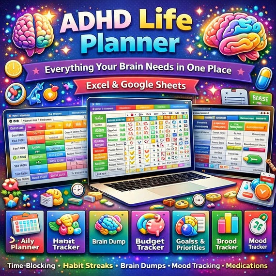ADHD Life Planner Spreadsheet | Daily, Weekly, Monthly, Budget, Habit Tracker (Excel, Google Sheets)