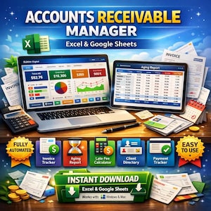 Accounts Receivable Manager Excel Google Sheets | Invoice Tracker Aging Report (Digital Download)