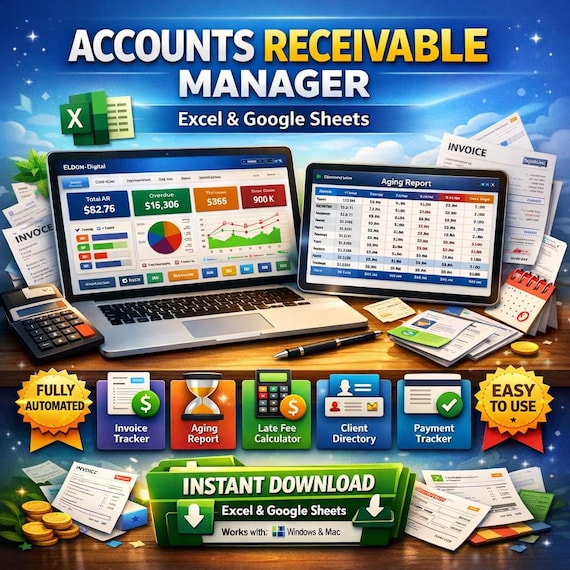 Accounts Receivable Manager Excel Google Sheets | Invoice Tracker Aging Report (Digital Download)