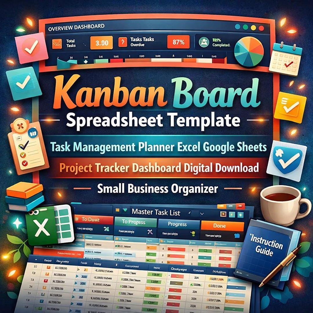 Kanban Board Spreadsheet Template | Task Management Planner (excel ...