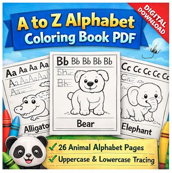 Alphabet Coloring Book PDF, ABC Tracing Workbook, Animal Pages (Digital Download)