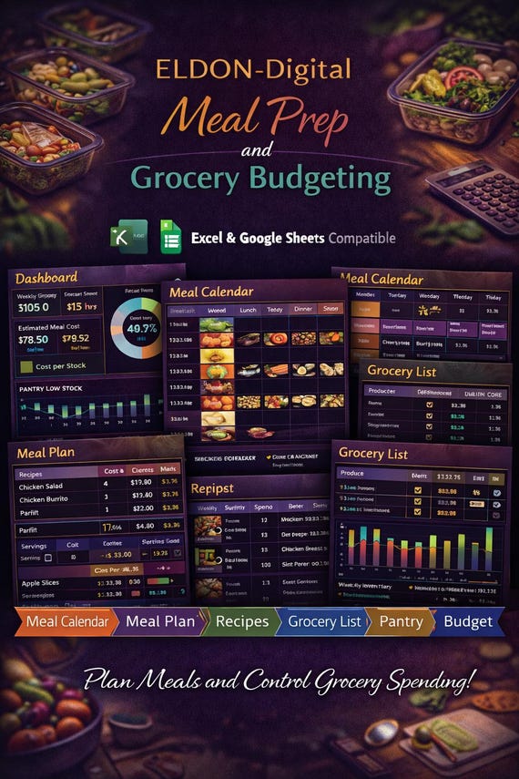Meal Prep Planner, Grocery Budget Tracker, Recipe Database (Digital Download)