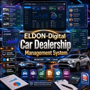 Könnte beinhalten: Eine digitale Grafik, die Eldon-Digital Car Dealership Management System bewirbt. Das Bild zeigt einen Laptop mit Verkaufsdaten, Kundendaten und Fahrzeuginventar. Zwei Autos sind abgebildet, zusammen mit Symbolen für Inventar, CRM, Verkäufe, Rechnungen, Berichte und Zahlungen.