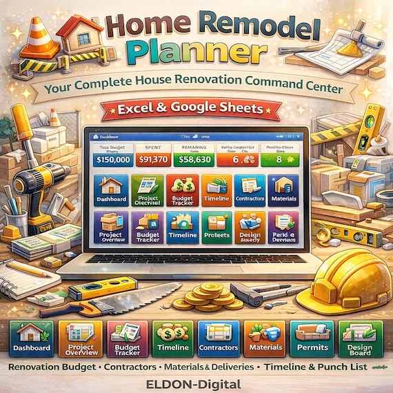 Home Remodel Planner Excel Google Sheets | Renovation Budget Tracker (Digital Download)
