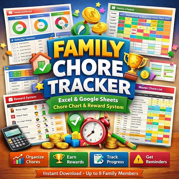 Family Chore Tracker | Excel & Google Sheets Reward System (Digital Download)