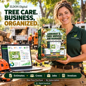 Könnte beinhalten: Eine Software-Produktbox mit der Aufschrift Arborist & Tree Service Job Manager von ELDON-Digital, gehalten neben einem Laptop, der ein Dashboard mit Arbeitskarten, Zeitplänen und Umsatzdiagrammen anzeigt. Die Box enthält Text wie Estimates, Crews, Jobs, Invoices.