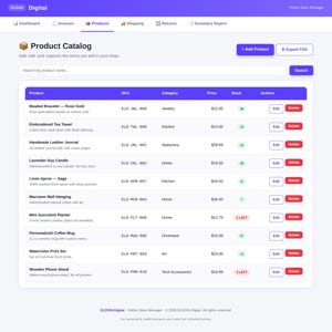 Pu&ograve; includere: Schermata di un'interfaccia di catalogo prodotti e-commerce. La pagina mostra i dettagli del prodotto, tra cui nome, SKU, categoria, prezzo, stock e pulsanti di azione. I prodotti includono gioielli, articoli da cucina e decorazioni per la casa.