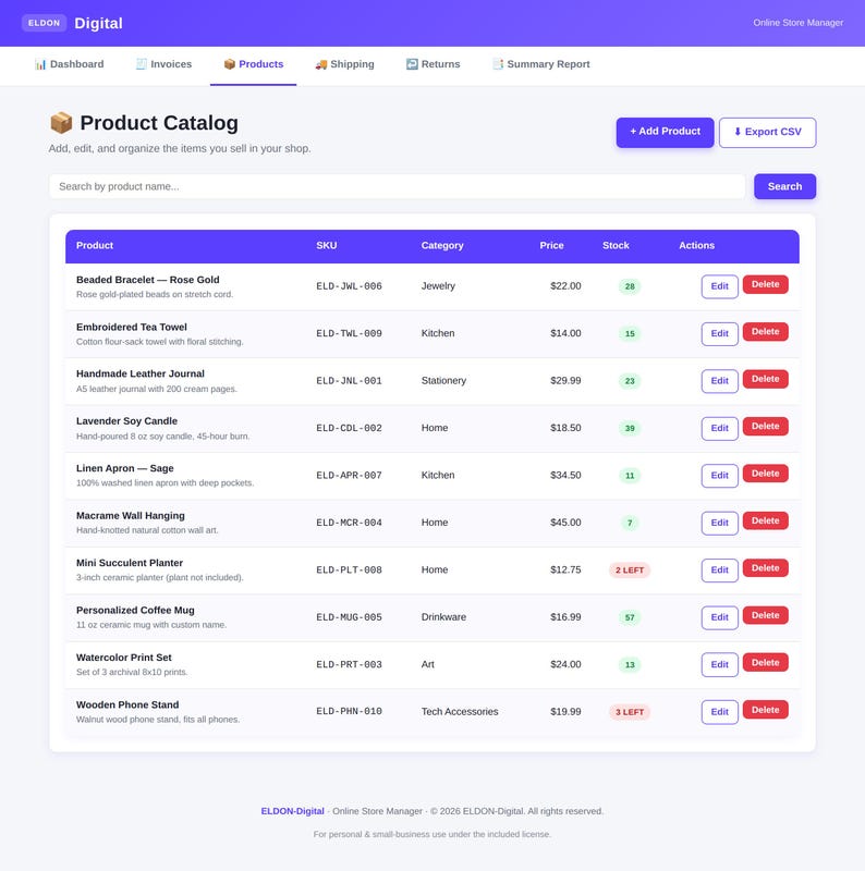 Pu&ograve; includere: Schermata di un'interfaccia di catalogo prodotti e-commerce. La pagina mostra i dettagli del prodotto, tra cui nome, SKU, categoria, prezzo, stock e pulsanti di azione. I prodotti includono gioielli, articoli da cucina e decorazioni per la casa.
