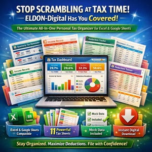 May include: A digital tax organiser with a laptop showing a tax dashboard, surrounded by documents and graphics. Text includes "STOP SCRAMBLING AT TAX TIME!" and "Excel & Google Sheets Compatible." The image promotes organised tax filing.