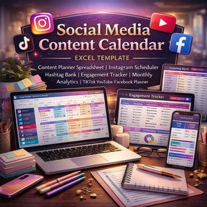 May include: A desk setup featuring a laptop, tablet, and smartphone displaying a social media content calendar. The image includes pens, a notebook, and social media icons. The text on the screen includes "Content Planner Spreadsheet" and "Engagement Tracker."