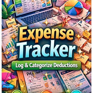 May include: An illustration of an expense tracker with a laptop, documents, and a pie chart. The title "Expense Tracker" is prominently displayed. The image includes the text "Log & Categorize Deductions", "94 Entry Slots", "15 IRS Categories", and "Auto-Totals".
