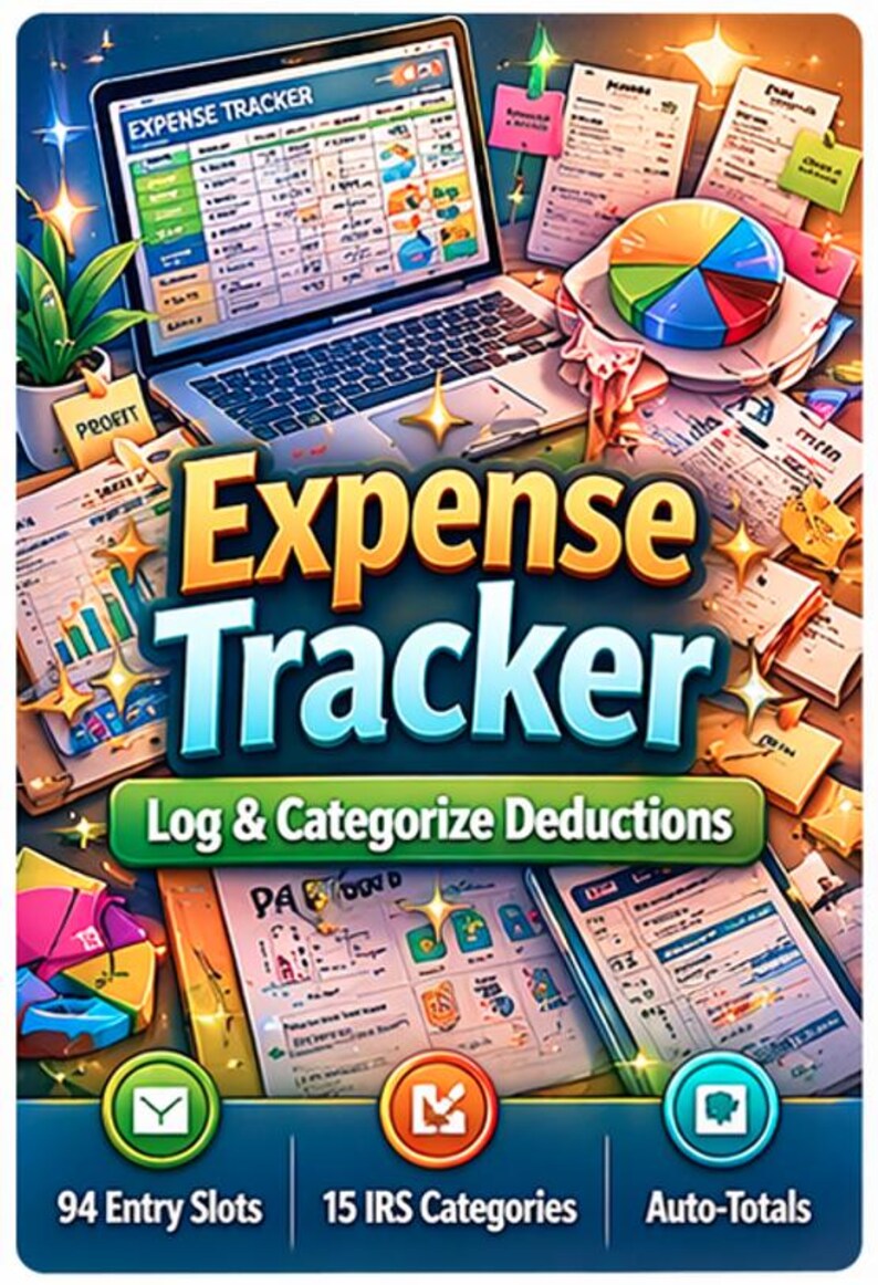 May include: An illustration of an expense tracker with a laptop, documents, and a pie chart. The title "Expense Tracker" is prominently displayed. The image includes the text "Log & Categorize Deductions", "94 Entry Slots", "15 IRS Categories", and "Auto-Totals".