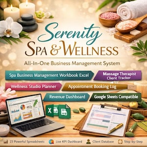 May include: An advertisement for a spa and wellness business management system. The image features a laptop displaying charts, a clipboard with a pen, and text that reads "Serenity Spa & Wellness". Other elements include candles, flowers, and spa products.